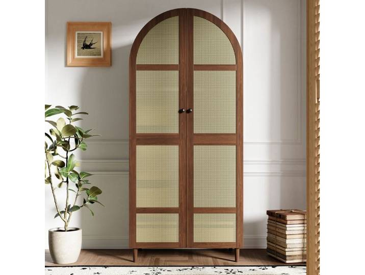 ULEVR Armoire de chambre 2 portes cintrées en noyer rotin tringle étagère et tiroir inférieur