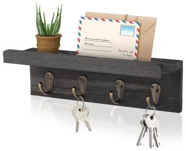 Perfect Picks Market Rustic Key Holder For Wall With Floating Shelf & Hooks Farmhouse Entryway Organizer black