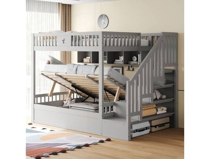 Lit superposé - WESTYLE - 140x200 cm - Coffre hydraulique - Escalier rangement - Bois massif gris