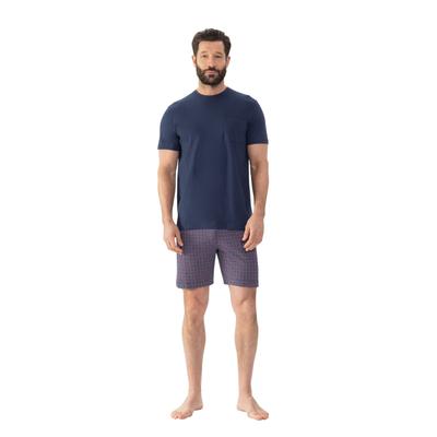 Shorty MEY "RED TILE", Herren, Gr. XL, blau (yacht blau), Single Jersey, Obermaterial: 100% Baumwolle, bequem kurz, Rundhals, Homewear-Sets Shorty, Brusttasche, kurzärmelig, Hose gemustert, Oberteil uni