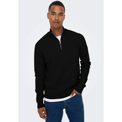 Strickpullover ONLY & SONS "OS Knit", Herren, Gr. L, schwarz, Strick, Obermaterial: 88% Baumwolle, 12% Nylon, unifarben, normal normal, hoch geschlossener Ausschnitt, gerader Abschluss, Pullover Strickpullover