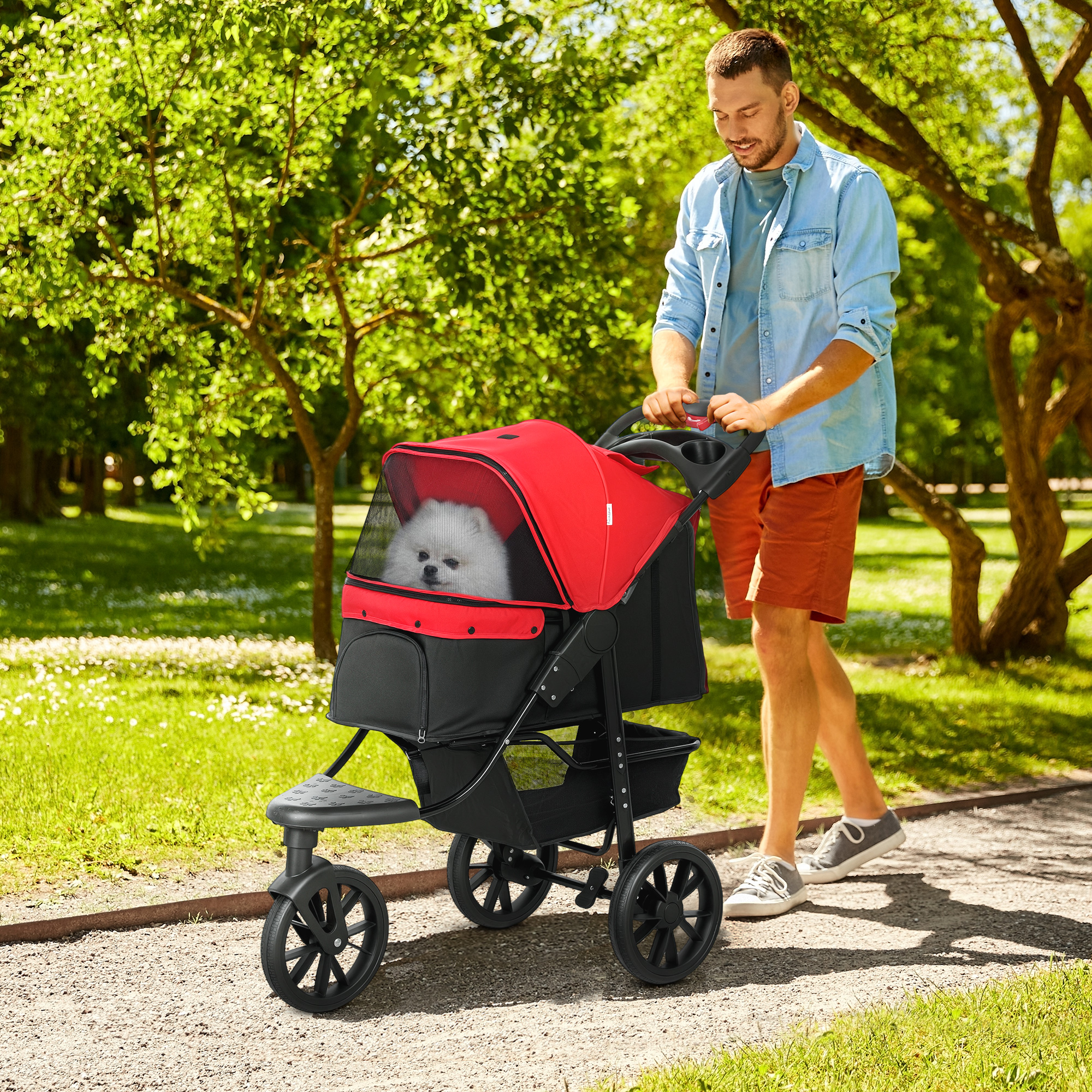 Pawhut Passeggino per cani pieghevole passeggino fino a 10 kg con 3 ruote, finestre in rete portabicchiere cestello 109,5x57,5x106,5 cm Rosso   Aosom Italy