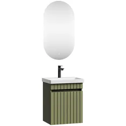 Planetmöbel COSMIA - Waschtischunterschrank 50 cm - Mintgrün Matt - Mit LED-Spiegel und Armatur schwarz - Softclose