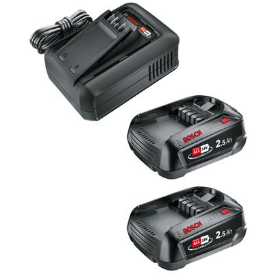 Akku-Set BOSCH HOME & GARDEN "Starter Kit QC AL 18V-44 Ladegerät + 2x Akku PBA 18V 2.5Ah SoC", schwarz, 18 V 2.500mAh, Akkumulatoren