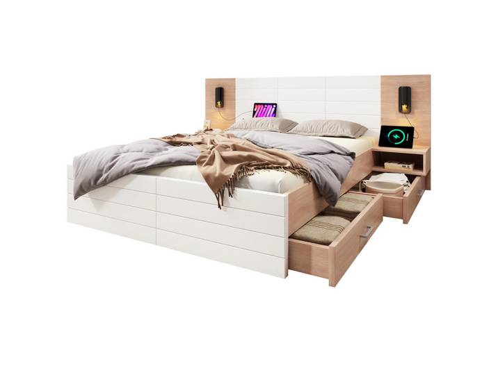 Modfu Polsterbett aus Massivholz und MDF 180x200 cm in Weiß mit USB & Leselampe, 180x200 cm, Schlafzimmer, Betten, Polsterbetten