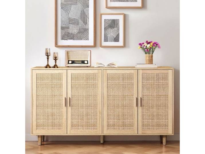 Buffet 158cm à 4 Portes en Rotin Meuble de Rangement Élégant pour Chambre Salon et Bureau
