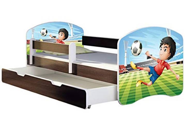 ACMA Kinderbett 180x80 Jugendbett mit Einer Schublade und Matratze, Farbe Wenge, Rausfallschutz Lattenrost II Spielbett Kinderzimmer Möbel, 13 Fußballer