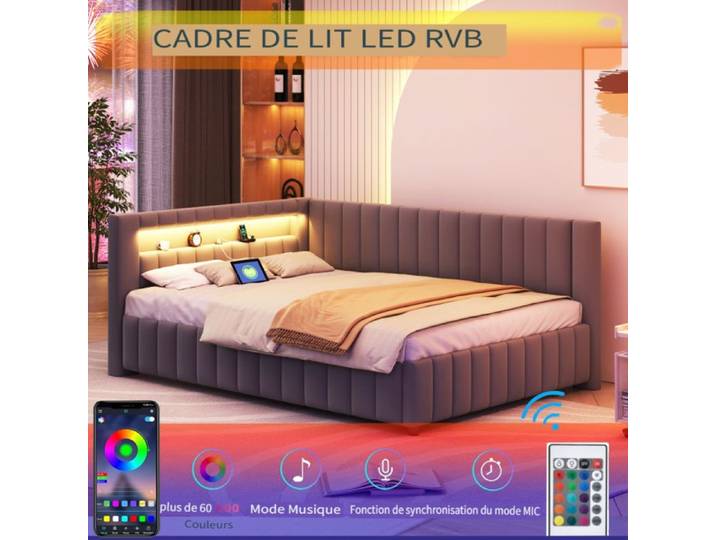 Canapé-lit - LANGTU - lit rembourré 140x200 - velours gris - LED intégré - port USB