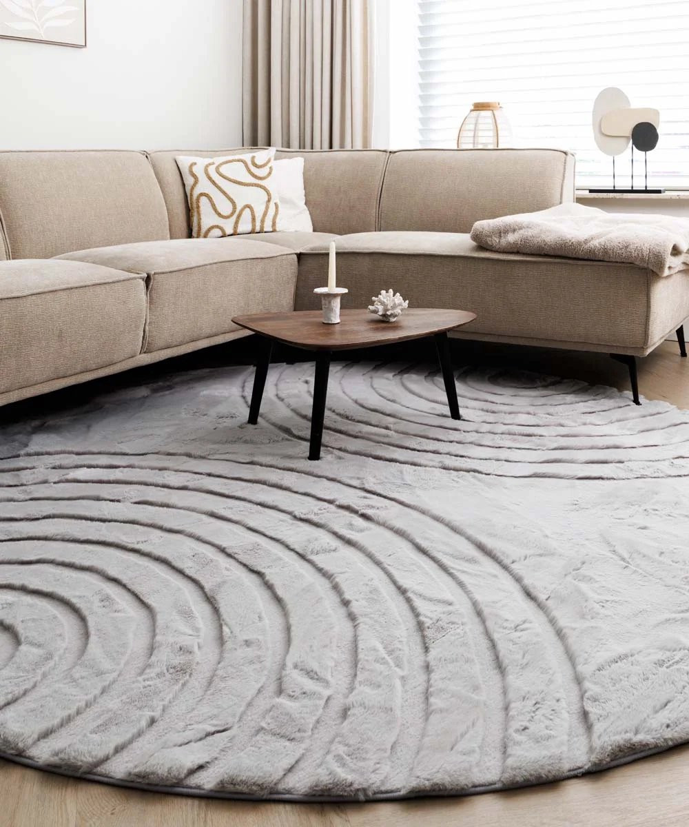 Carvy Fluffy rond vloerkleed - Lichtgrijs - Diameter: 230 cm