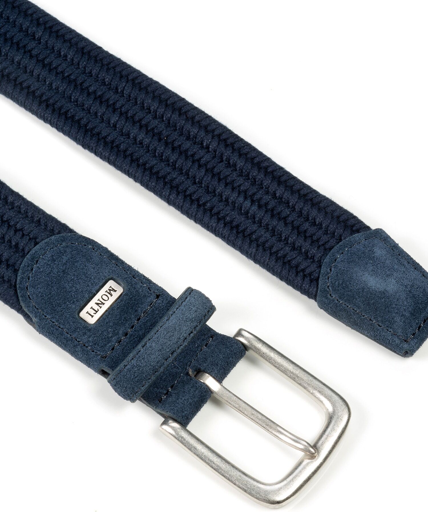 Flechtgürtel MONTI "SANREMO", Herren, Gr. 120, blau, Materialmix, Gürtel Flechtgürtel, elastisches Flechtband, Rauleder-Details blau 120