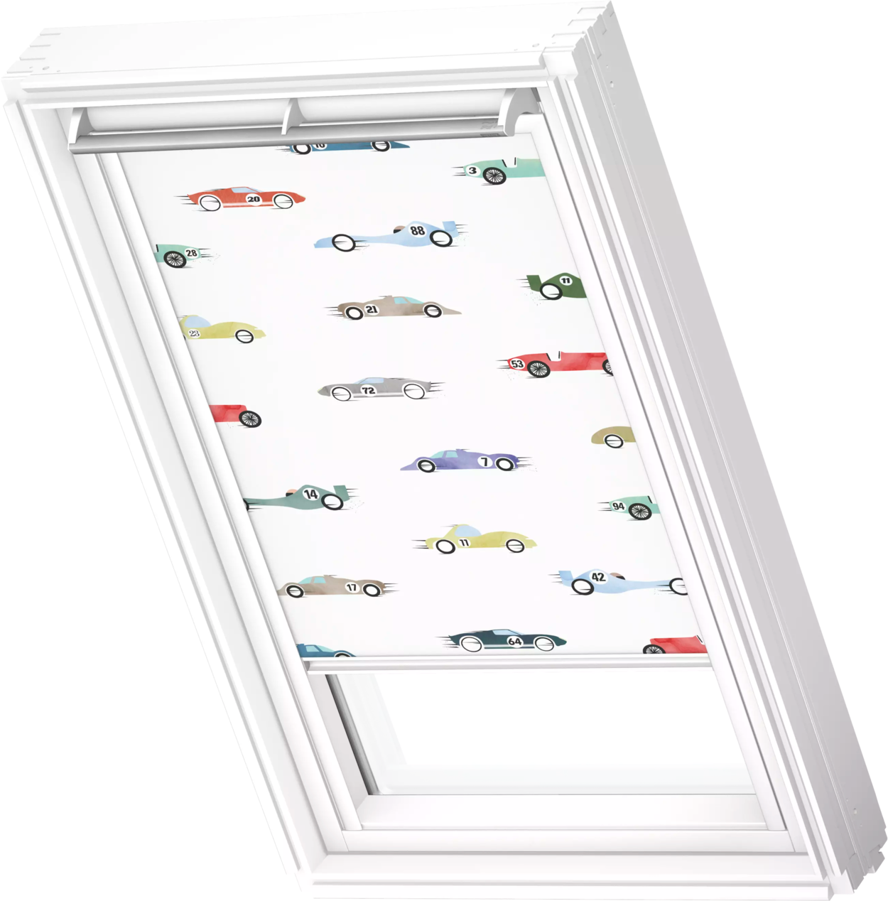 Verdunklungsrollo VELUX "DKL 4654SWL, Motiv: Kids Rennautos", kids rennautos, weiß, S08, stufenlos positionierbar, Polyester, Rollos, Verdunklungsrollo, weiße Führungsschienen & Griffleiste
