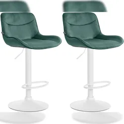 Décoshop26 - Set aus 2 ergonomisch geformten Drehhockern mit dekorativen grünen Samtnähten und weißem Metallgestell 10_0006600