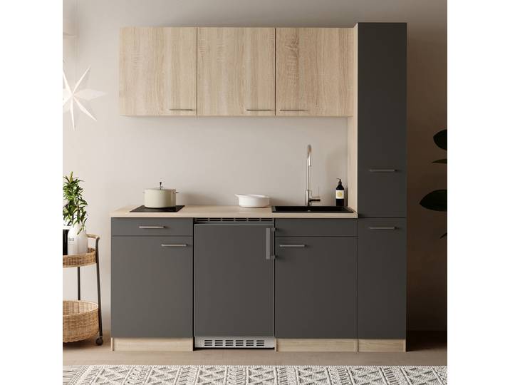 Singleküche Ingrid 180 cm 180 x 200 x 60cm Grau/Grau mit Kühlschrank