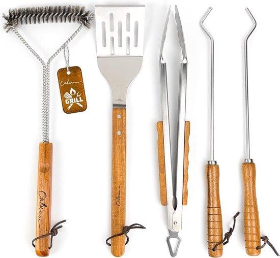 Barbecuugereedschapset van roestvrij staal met vleesthermometer en draagbare opbergkoffer, zilver