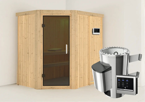 Plug & Play Sauna Karibu Laja inkl. 3,6 kW Ofen u.ext.Steuerung ohne Dachkranz mit graphitfarbeneer Ganzglastüre