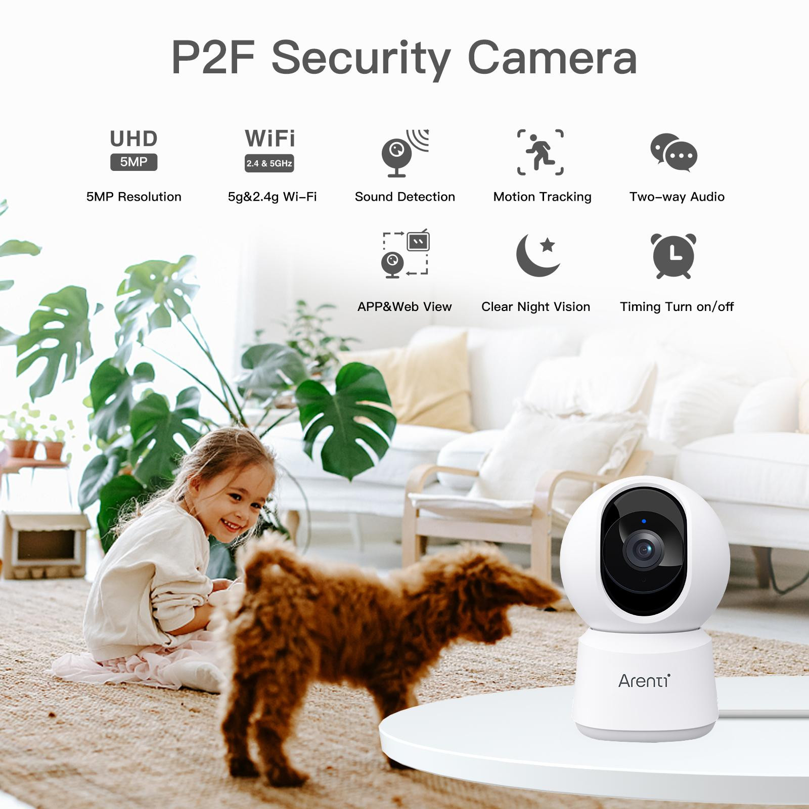 Arenti P2F Indoor 5G Wi-Fi UHD 3K/5MP Pan Tilt Zoom Privé Camera