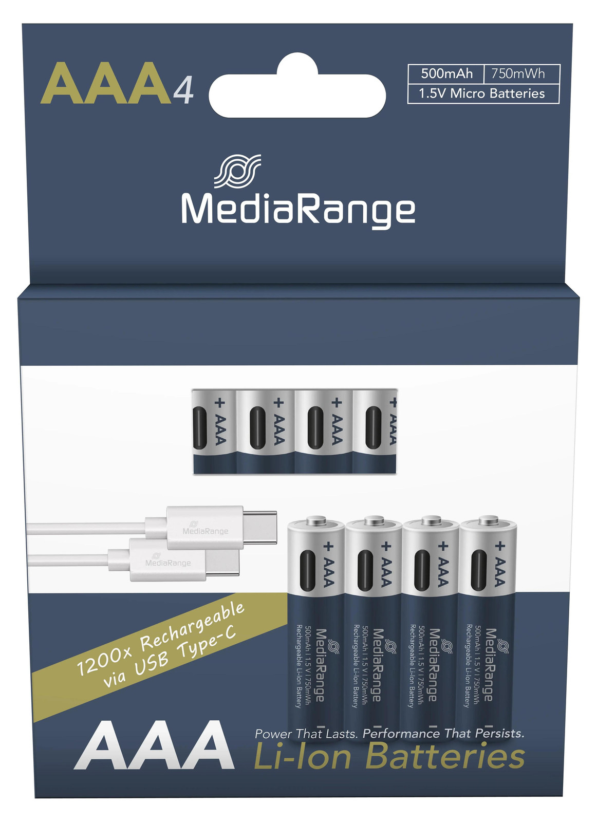MediaRange MRBAT160 Set van 4 USB-Akkus Micro AAA 500 mAh met laadkabel