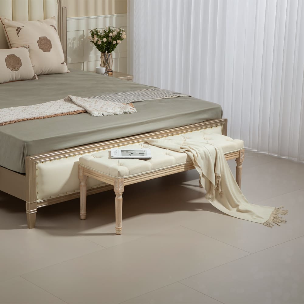 Homcom Tabouret repose-pied capitonné style classique bois aspect lin crème Blanc 115x43x40cm