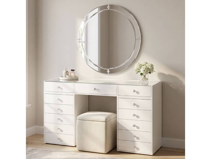 Coiffeuse Homeluxury - Blanche Vitrée 120cm Avec 13 Tiroirs