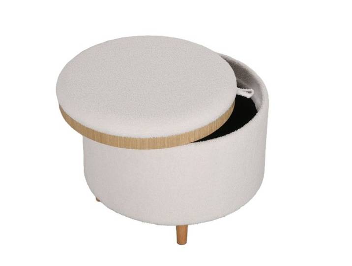 Tabouret rond rembourré 56x42 cm rangement avec couvercle à charnière pieds bois salon/chambre blanc