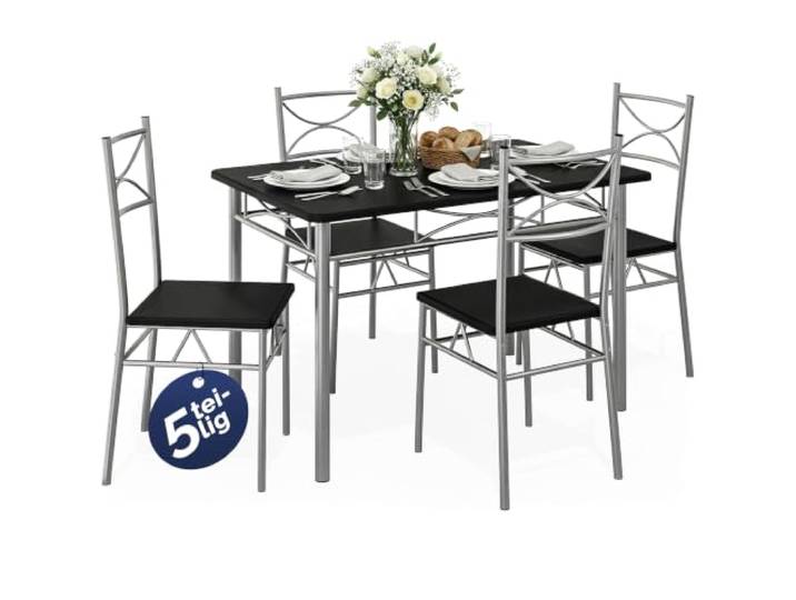 CASARIA Essgruppe mit 4 Stühlen, Schwarz 5-tlg. Set, 110x70cm, Metall, Holz, Industrial, Modern, Esstisch mit 4 Stühlen, Sitzgruppe, Tisch, Stühle, Esszimmer, Küche