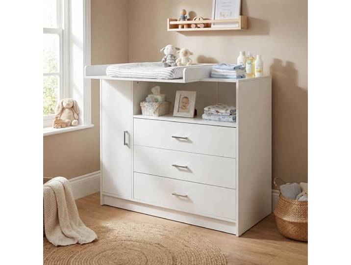 ecomi Wickelkommode Wickeltisch Baby Kommode aus Holz mit Wickelaufsatz, 3 Schubladen, 1 Tür, 100 cm Höhe in Weiß, Wickeltisch 113x100 cm Griffe verchromt