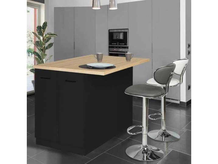 IDMARKET Ilot central IVO 120 cm bois noir avec plan de travail façon hêtre