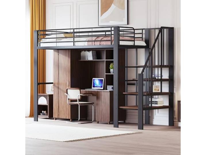 Merax Hochbett 90x200 cm aus Metall, Stauraum unter dem Bett, Leiter inklusive, Platzsparendes Bett, für Kinder und Erwachsene, Schwarz (ohne Matratze)