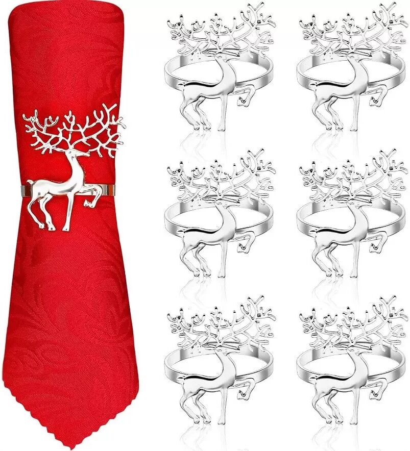 INF Weihnachtliche Rentier-Serviettenringe - 6er Set, Tischdeko aus Zinklegierung für die Feiertage Silber