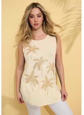 Plus Size Women's Plus Size Crewneck Sequin Tank by Roaman's in Gold Sequin Palms (Size 14/16)