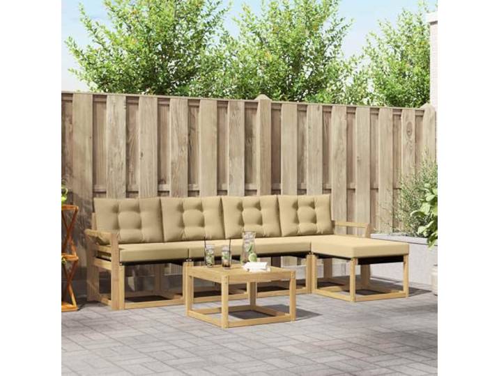 RJPLMFV Ecksofa-Set für den Außenbereich, 6-teilig, Akazie, Weiß / Beige Rahmen aus massivem Akazienholz, Rückenlehne aus Textilene, wetterbeständige Kissen, modulare Konfiguration