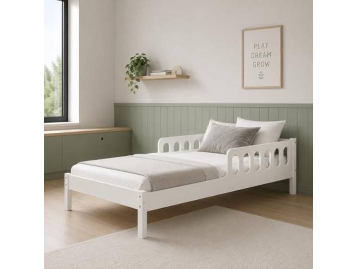 CADANI Finn Kinderbett 90x200 Weiß - Jugendbett mit Schutz & Lattenrost Kinderbett ab 3 Jahren aus Kiefer massiv mit Roll-Lattenrost, 200 kg Tragkraft, abgerundeten Kanten, weißem Lack, Jugendbett