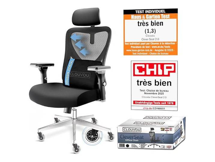 Chaise de bureau ergonomique CLOUVOU - CleverSeat - Fauteuil de Bureau - coussin orthopédique - dossier inclinable - 150kg - Noir