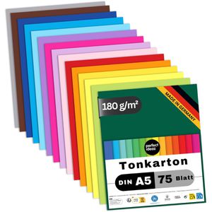 perfect-ideaz Tonpapier A5, 15 Farben sortiert, 180g/m², 75 Blatt