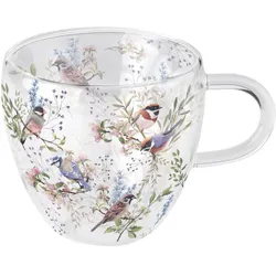 Ambiente Tasse mit Vogel & Blumen Design 10cm Glas doppelwandig - 0,2L Glastasse Glasgeschirr Kaffeeglas Teeglas Kaffeetasse Teetasse Kakaotasse