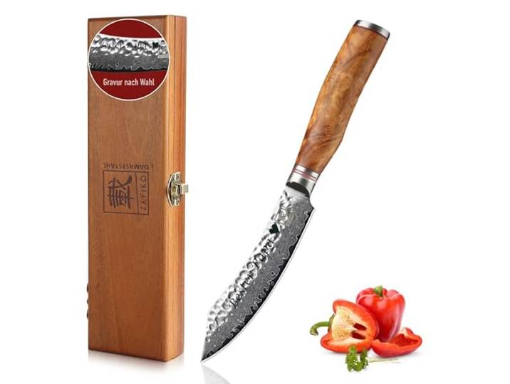zayiko Minami Damast Steakmesser mit Gravur – Personalisiertes Messer, 12 cm Klinge aus 67 Lagen Damaststahl (VG10-Kern), Hammerschlag, Olivenholzgriff – Geschenkbox für Steakliebhaber