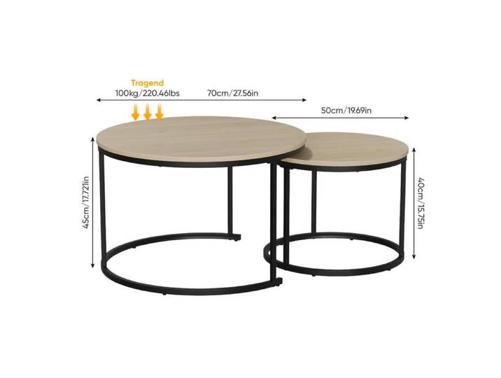 VUENOR Table basse gigogne ronde 70 cm chêne et noir – lot de 2 gain de place