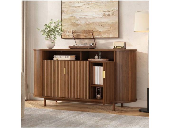 WOVREO Buffet bas 3 portes 140 cm décor noyer façade à lignes verticales MDF et panneaux de particules