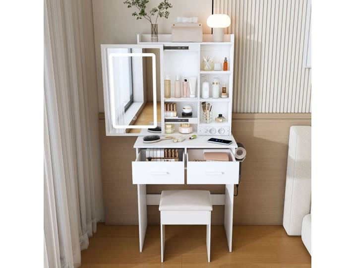 Coiffeuse - DREAMMESPACE - 60x136x36cm - MDF - Blanc - Miroir LED réglable