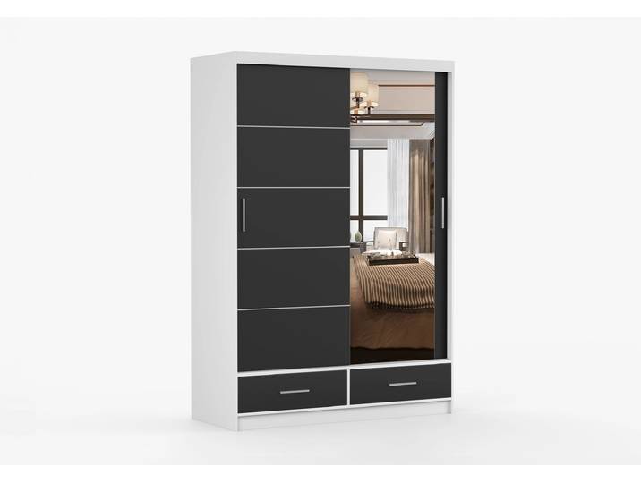 Schwebetürenschrank FLORENCE 150 cm Weiß Schwarz + Spiegel