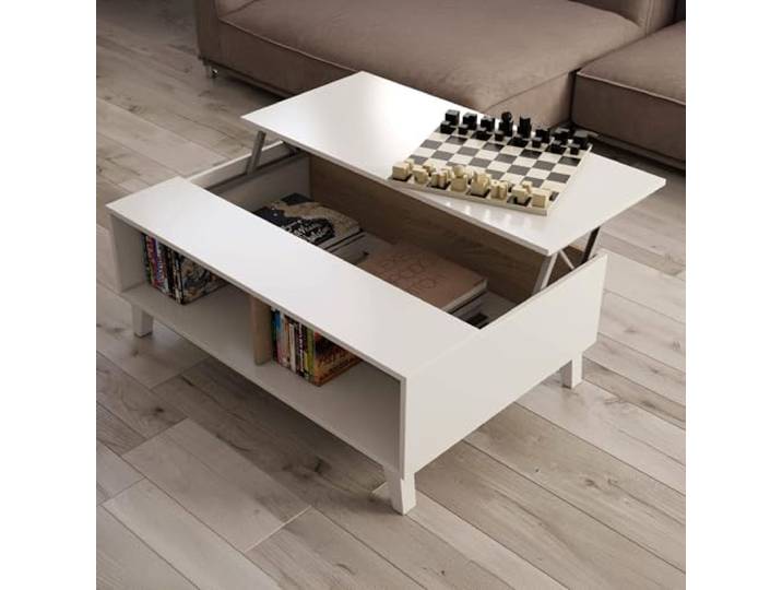 Dmora - Couchtisch Lincoln, Kaffetisch, Couchtisch für das Wohnzimmer, cm 100x68h38, Glänzend weiß und Eiche