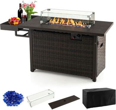 Costway 52 Inches Outdoor Wicker Gas Fire Pit Propane Fire Table with Cover-Brown