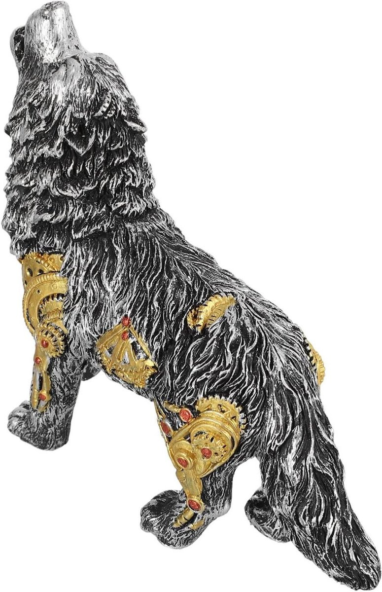 Steampunk Wolf Beeldje - Mechanisch Wolf Figuur voor Bureau Decoratie - B/D/H: 19.5 x 16.5 x 6 cm