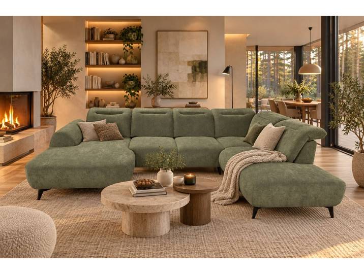 Fun Möbel Wohnlandschaft Sofa U-Form ALETTE in Polsterstoff Doha, Sofa Rücken echt bezogen