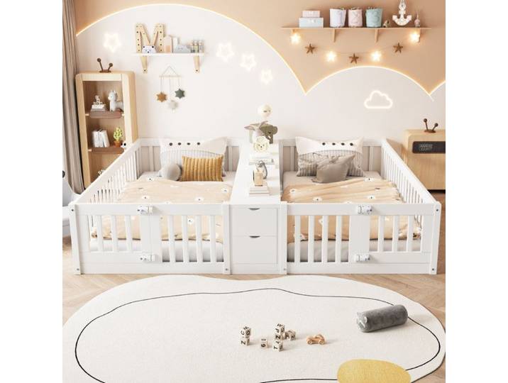 Bladez - Lit double enfant 90x200cm - Lit coffre avec barrières de sécurité hautes - Lit double avec tiroirs et double étagère