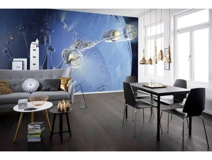 Komar Vlies Fototapete Star Wars Classic RMQ Death Star Assault Größe: 500 x 250 cm (Breite x Höhe), Bahnbreite 50 cm Tapete, Wandbild, Dekoration, Kinderzimmer, DX10-049, blau, schwarz