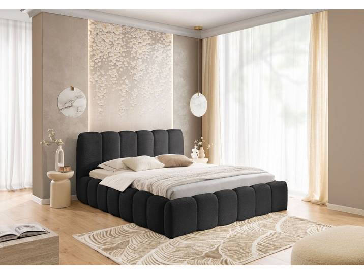 yourhouse24 Polsterbett MICANDI aus Bouclé inkl. Metallrahmen – Wolkenbett mit Bettkasten, Voluminöses Rillen-Design mit Gasdruckfedern & riesigem Stauraum
