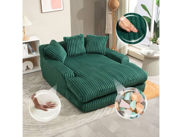 Modenuit canapé compressé 1 place méridienne en velours côtelé vert émeraude 3 coussins 125x155x63 cm