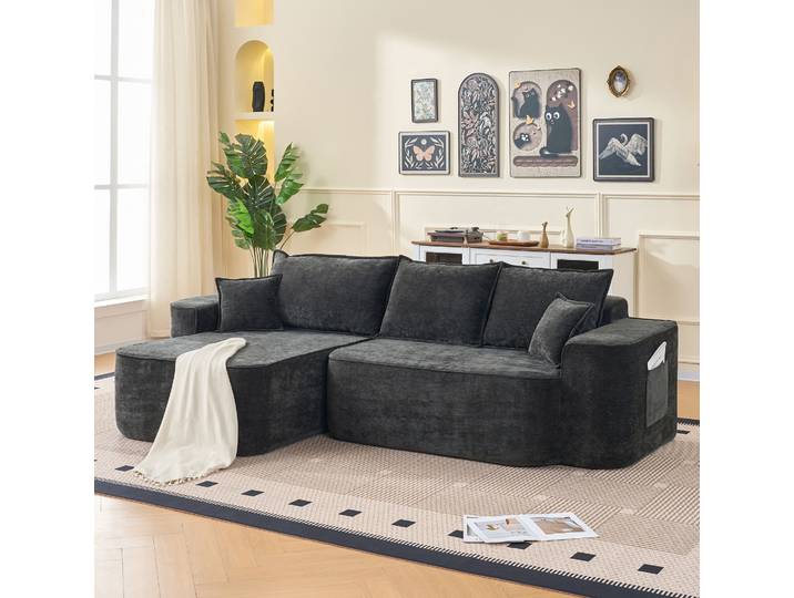 Floragrace Canapé D Angle Modulable 262 X 144 X 65 Cm\, Chenille Noire\, Assise Profonde\, Sans Montage