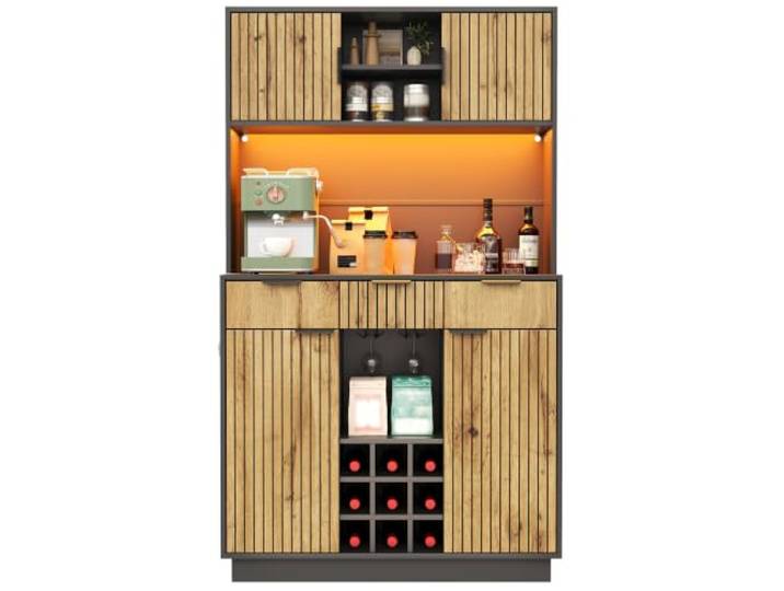Merax Buffetschrank 180cm mit LED & Steckdosen, Küchenschrank mit Weinablagen & Weinglashaltern & Verstellbaren Einlegeböden & Schubladen, Küche und Wohnzimmer, Schwarz & Naturholzfarbe